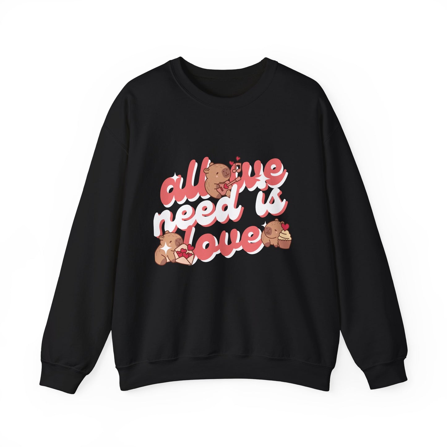 All We Need Is Love Graphic Sweatshirt - Cute Capybara Valentine's Day Sweater for Cozy Comfort Unisex Heavy Blend™ Crewneck Sweatshirt